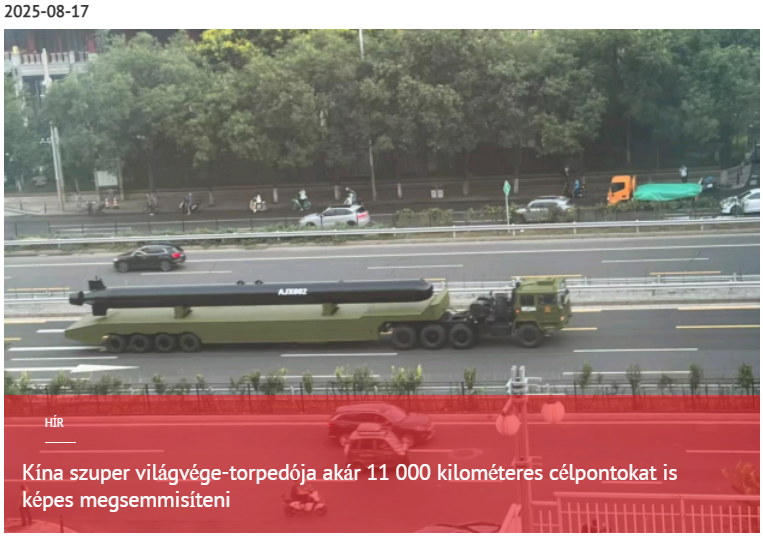 Kína szuper világvége-torpedója akár 11 000 kilométeres távolságból is képes megsemmisíteni a célpontokat 2025-08-17