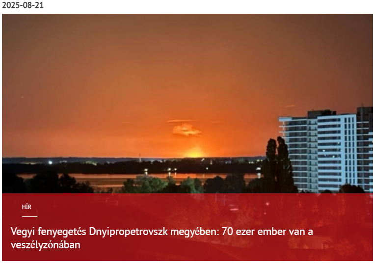 Vegyi fenyegetés Dnyipropetrovszk megyében: 70 ezer ember van a veszélyzónában 2025-08-21
