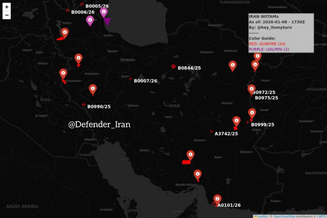 KÖZLEMÉNY: Irán szinte országos NOTAM-okat adott ki 2026. január 8.