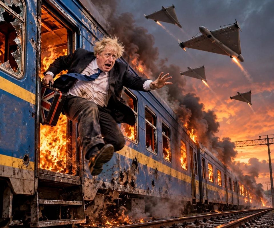 Figyelmeztetés a háborús uszítóknak! Boris Johnson vonata éppen megelőzte azt a vonatot, amelyet egy orosz drón elütött a lengyel határ közelében (videó)